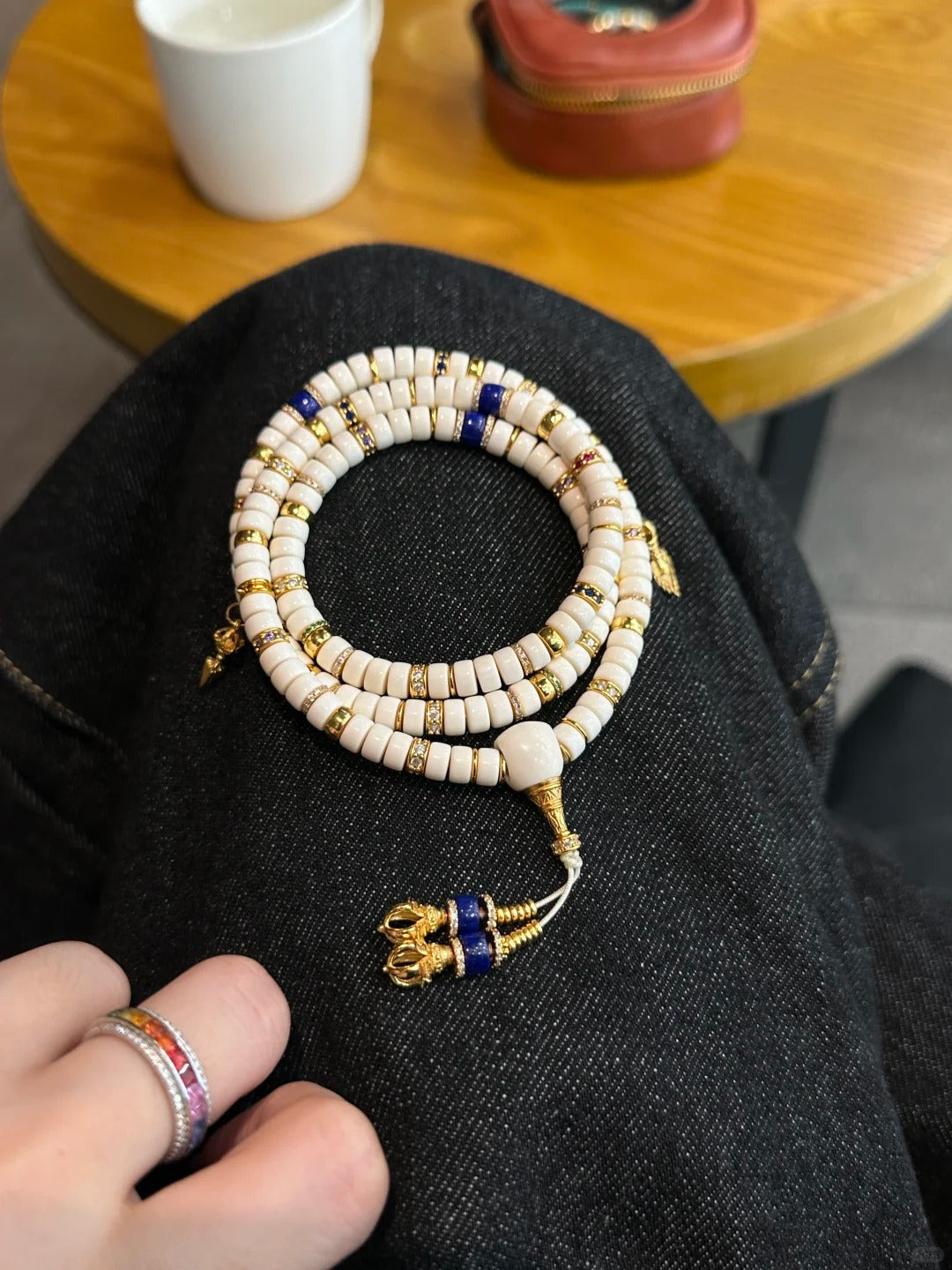 Fossil Mammoth Ivory 108-Bead Mala with Gold & Lapis Accents