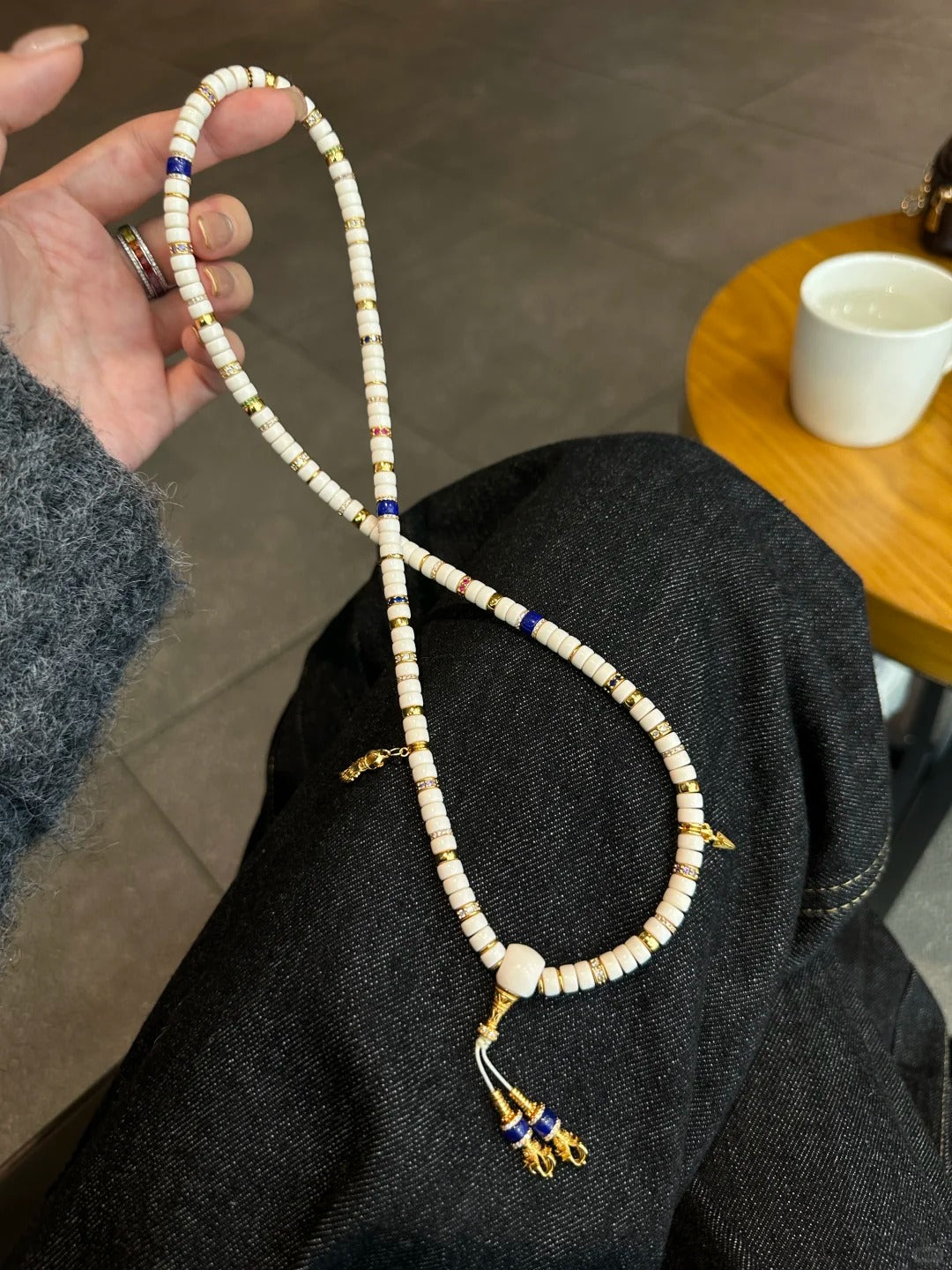 Fossil Mammoth Ivory 108-Bead Mala with Gold & Lapis Accents