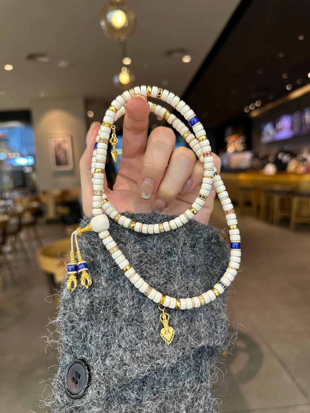 Fossil Mammoth Ivory 108-Bead Mala with Gold & Lapis Accents