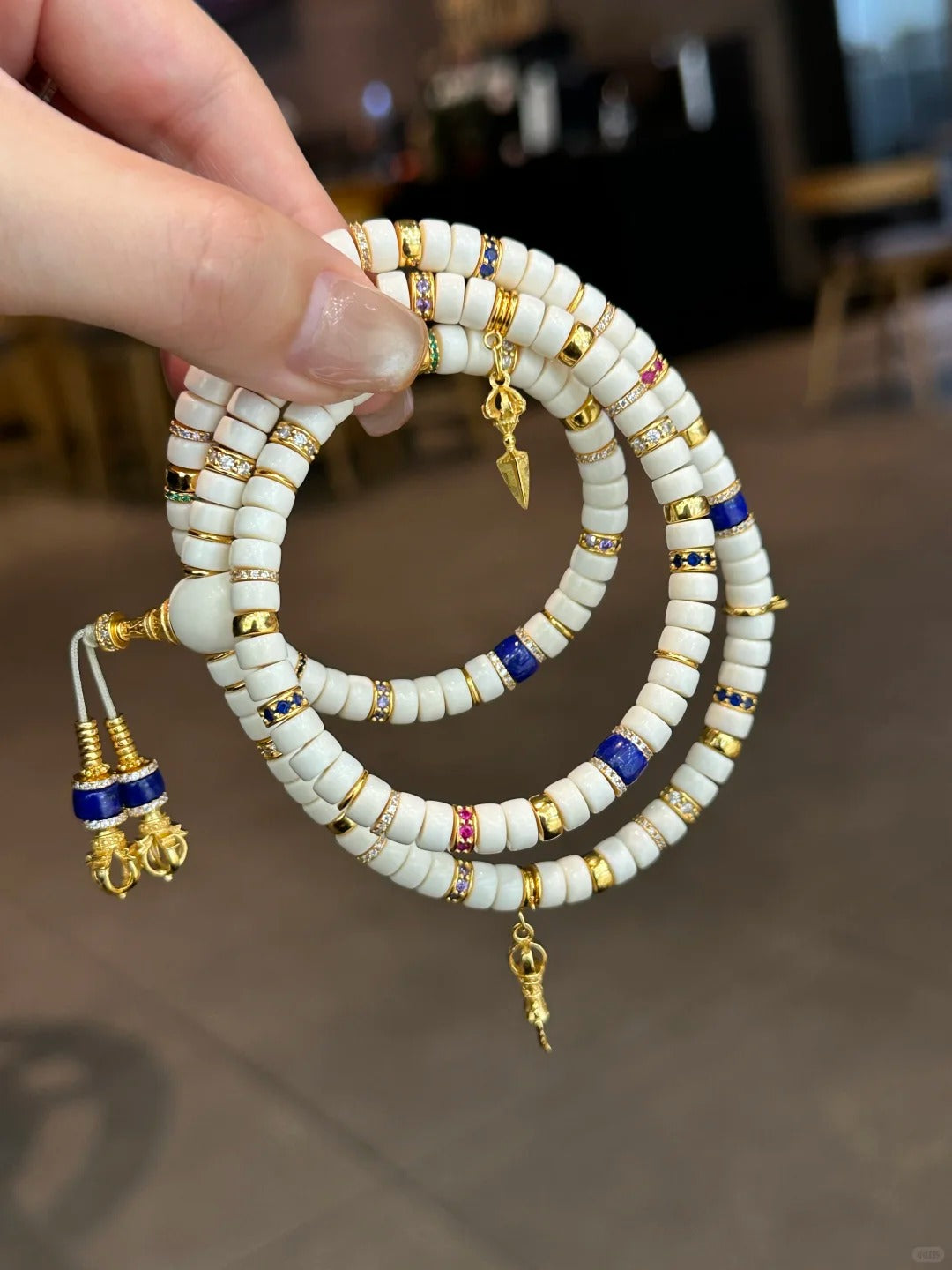 Fossil Mammoth Ivory 108-Bead Mala with Gold & Lapis Accents