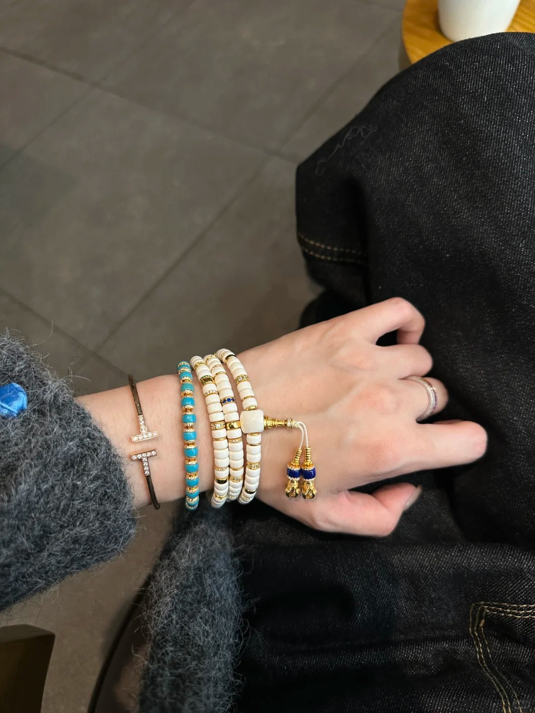 Fossil Mammoth Ivory 108-Bead Mala with Gold & Lapis Accents