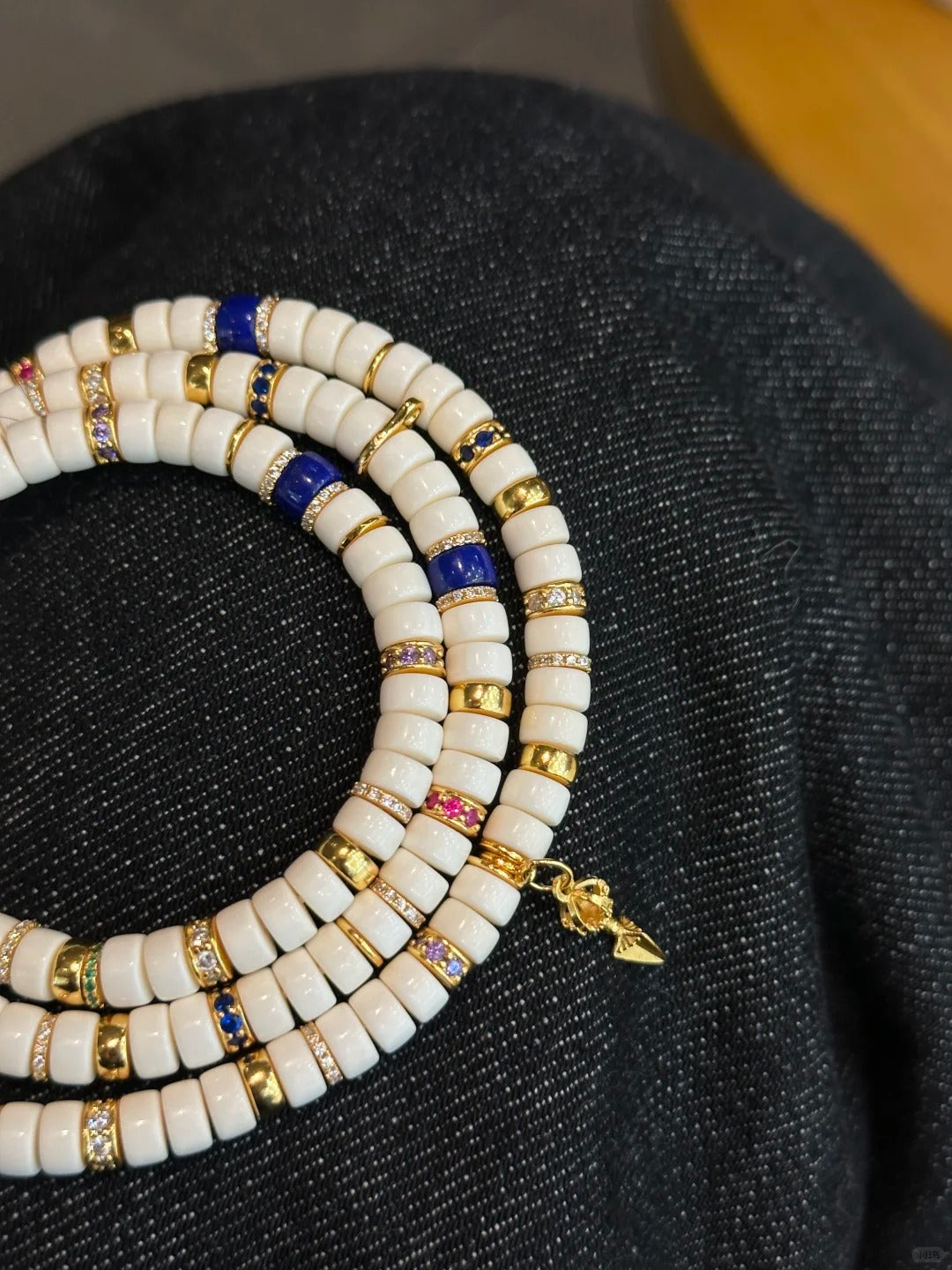 Fossil Mammoth Ivory 108-Bead Mala with Gold & Lapis Accents