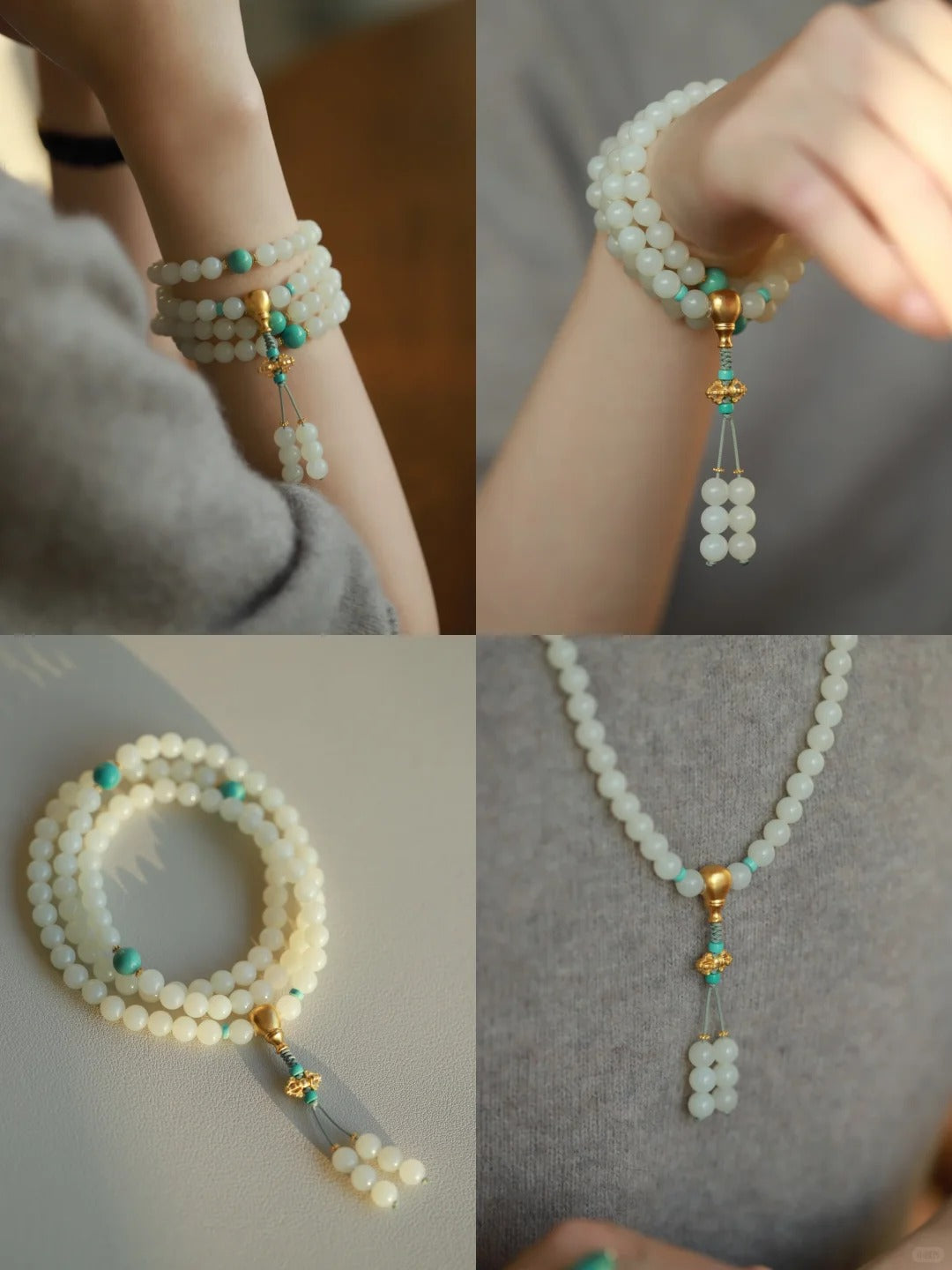 White Nephrite Jade Mala with Turquoise Accents