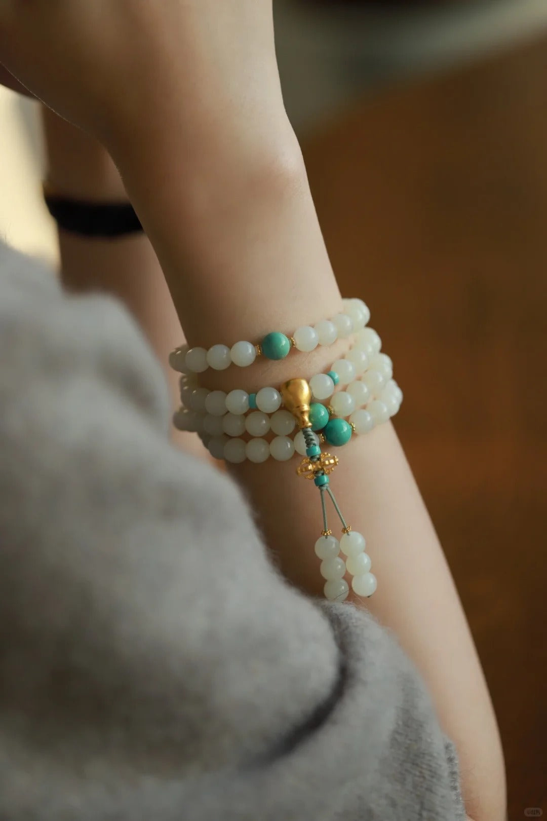 White Nephrite Jade Mala with Turquoise Accents