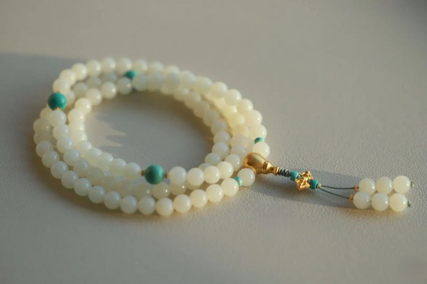 White Nephrite Jade Mala with Turquoise Accents