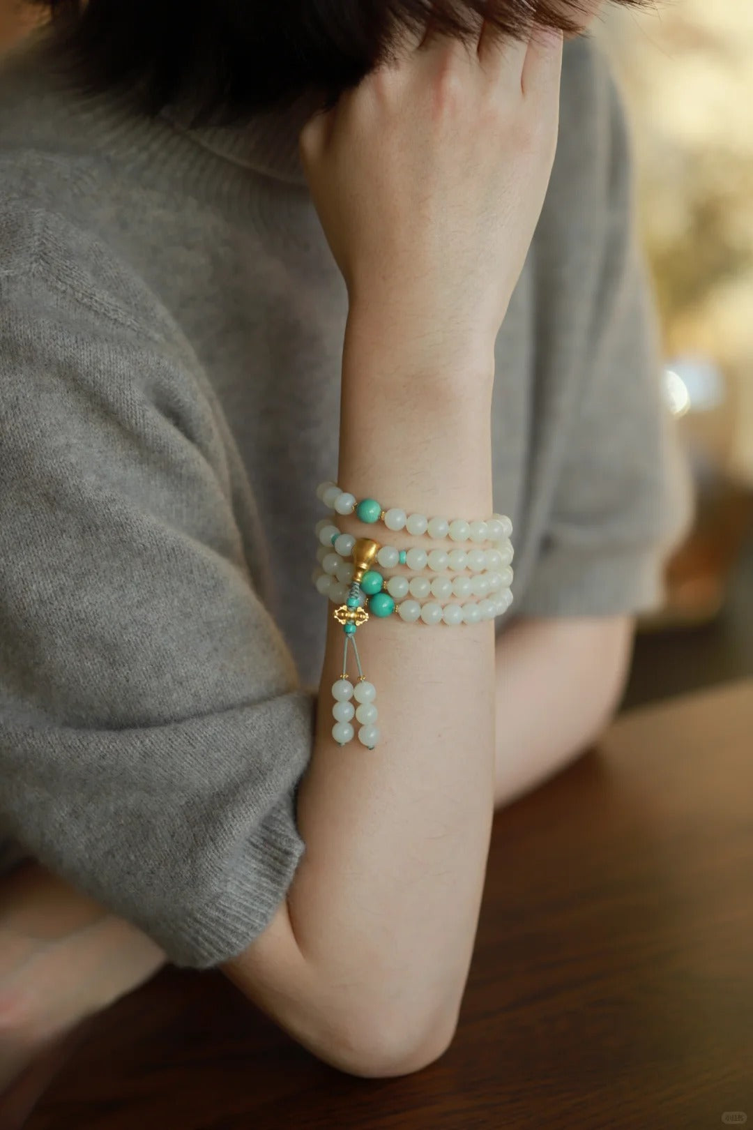 White Nephrite Jade Mala with Turquoise Accents