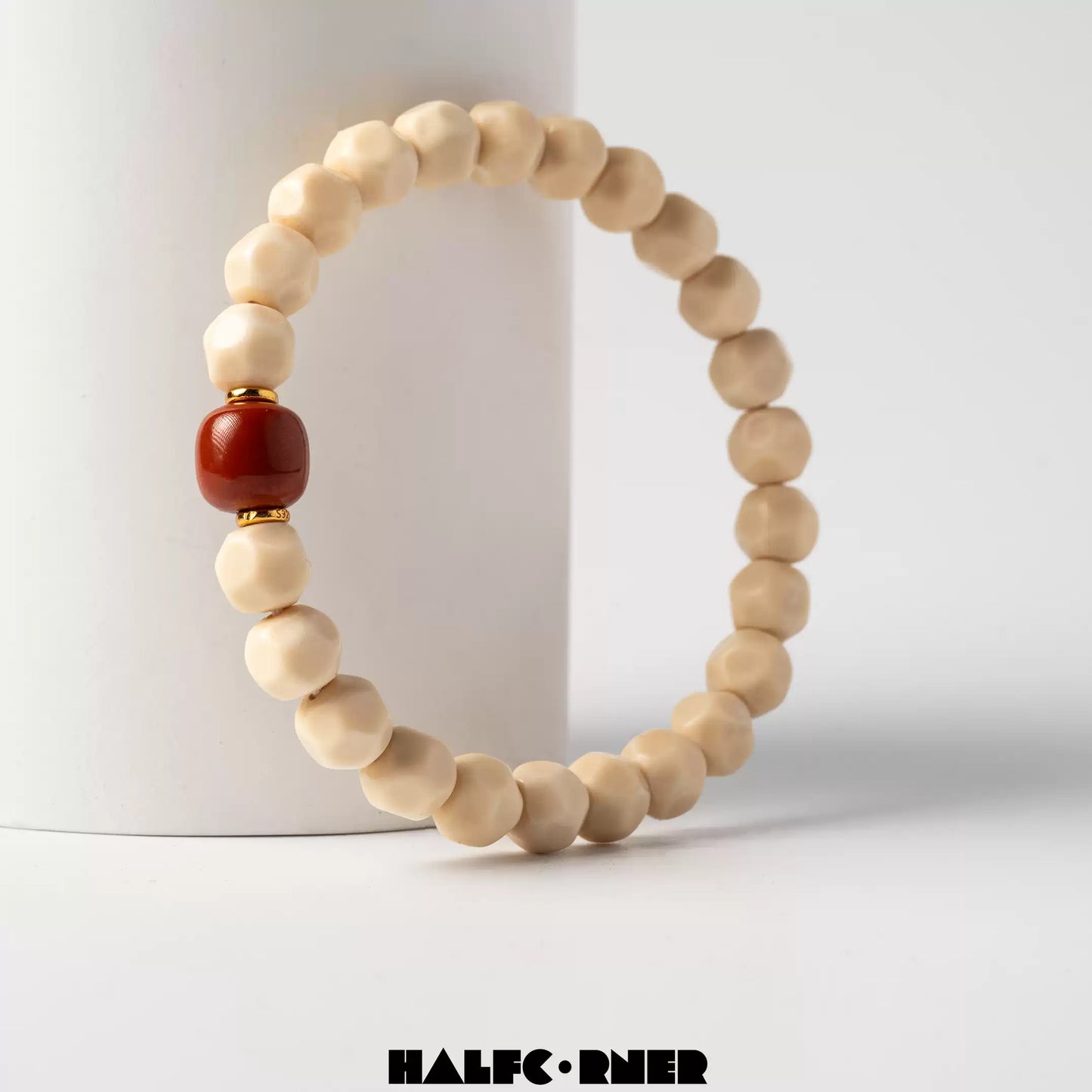 Fossil Mammoth Ivory Bracelet with Red Agate Accent